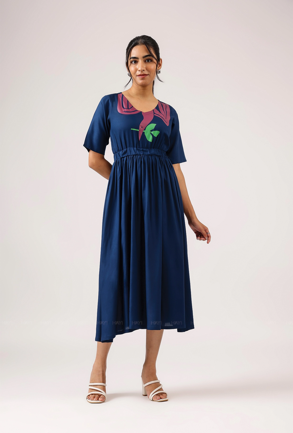 Dark Navy with Breeze 'o' Feathers printed Viscose Dress Smart Cut