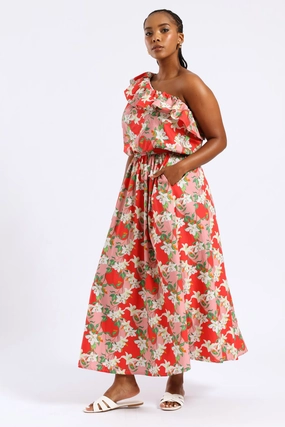Key Feature Aesthetic Look Structured Wide Hem Floral Flared Midi Skirt - Red/Pink