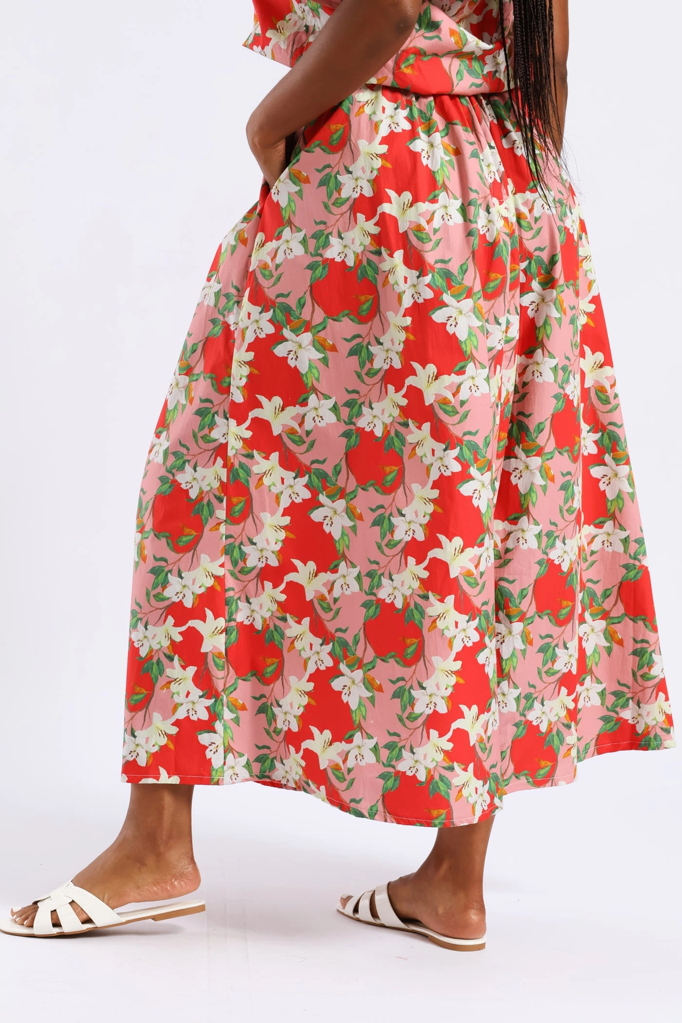 Structured Wide Hem Floral Flared Midi Skirt - Red/Pink Fresh Texture All Day Comfort