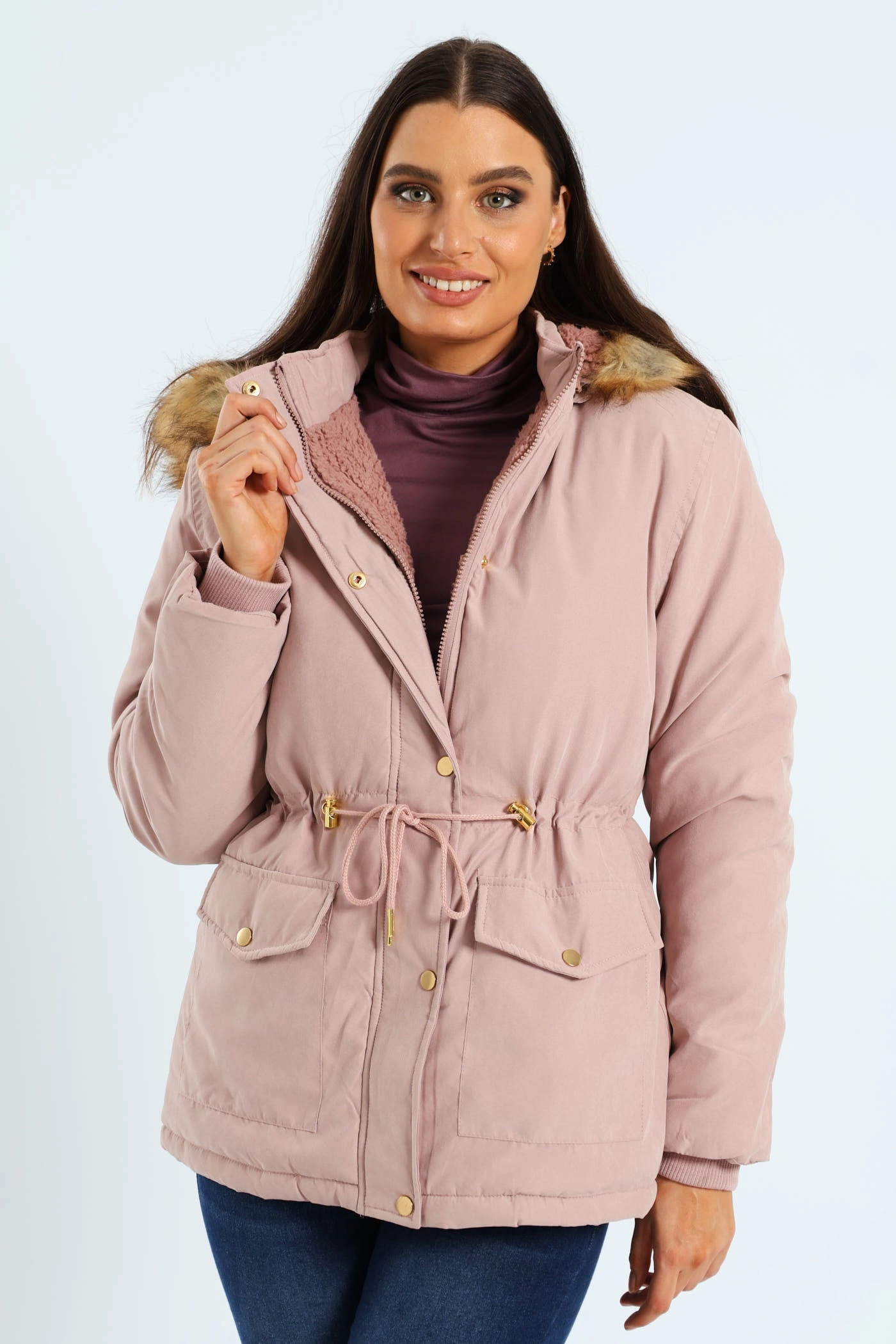 Textured Finish Foldable Shoulder Straps Utility Pocket Fur Trim Parka With Detachable Hood - Mauve
