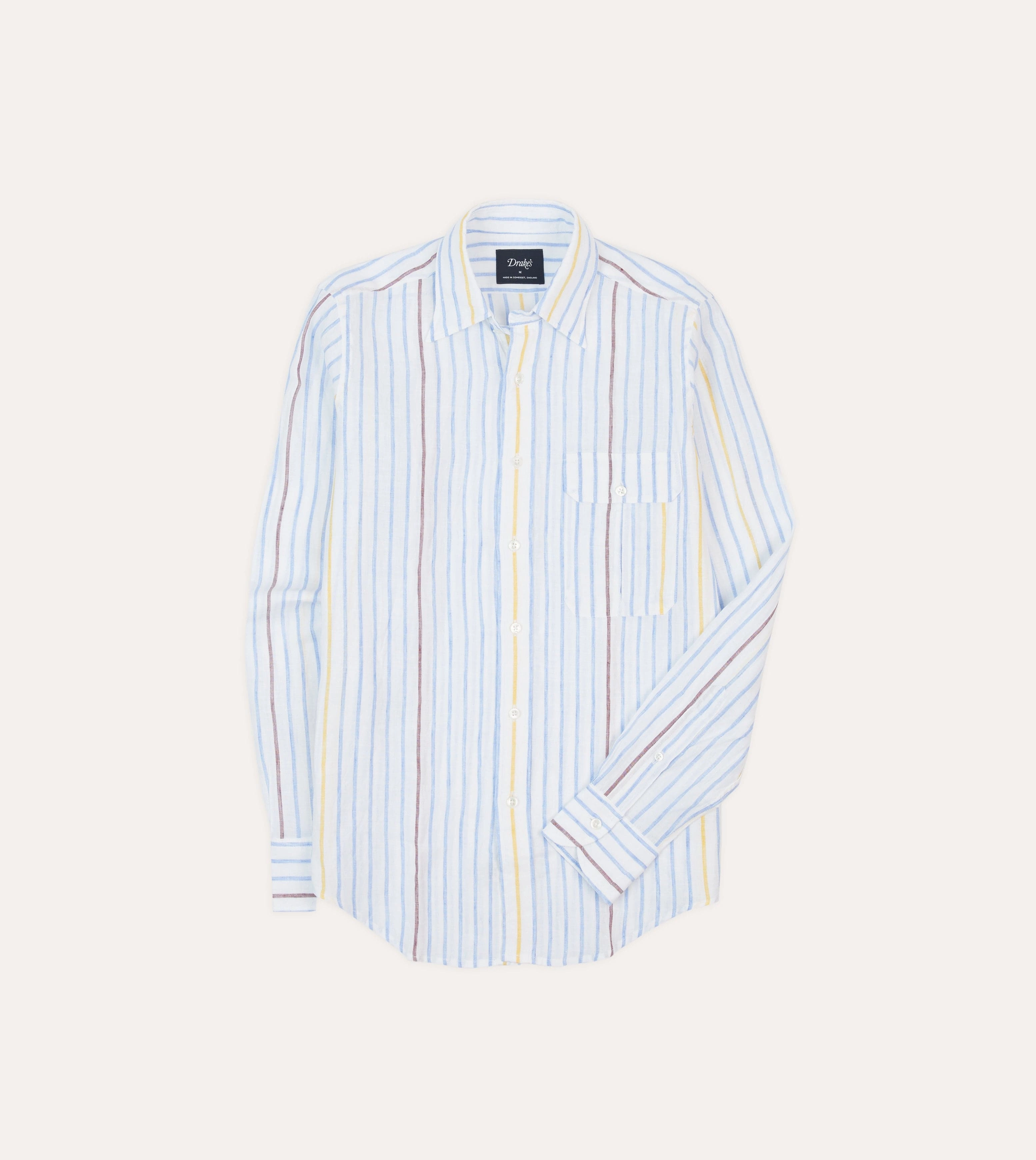 Blue, White and Yellow Stripe Linen Long Point Collar Shirt Breathable Underarm Vents No Slip Shoulder Grip