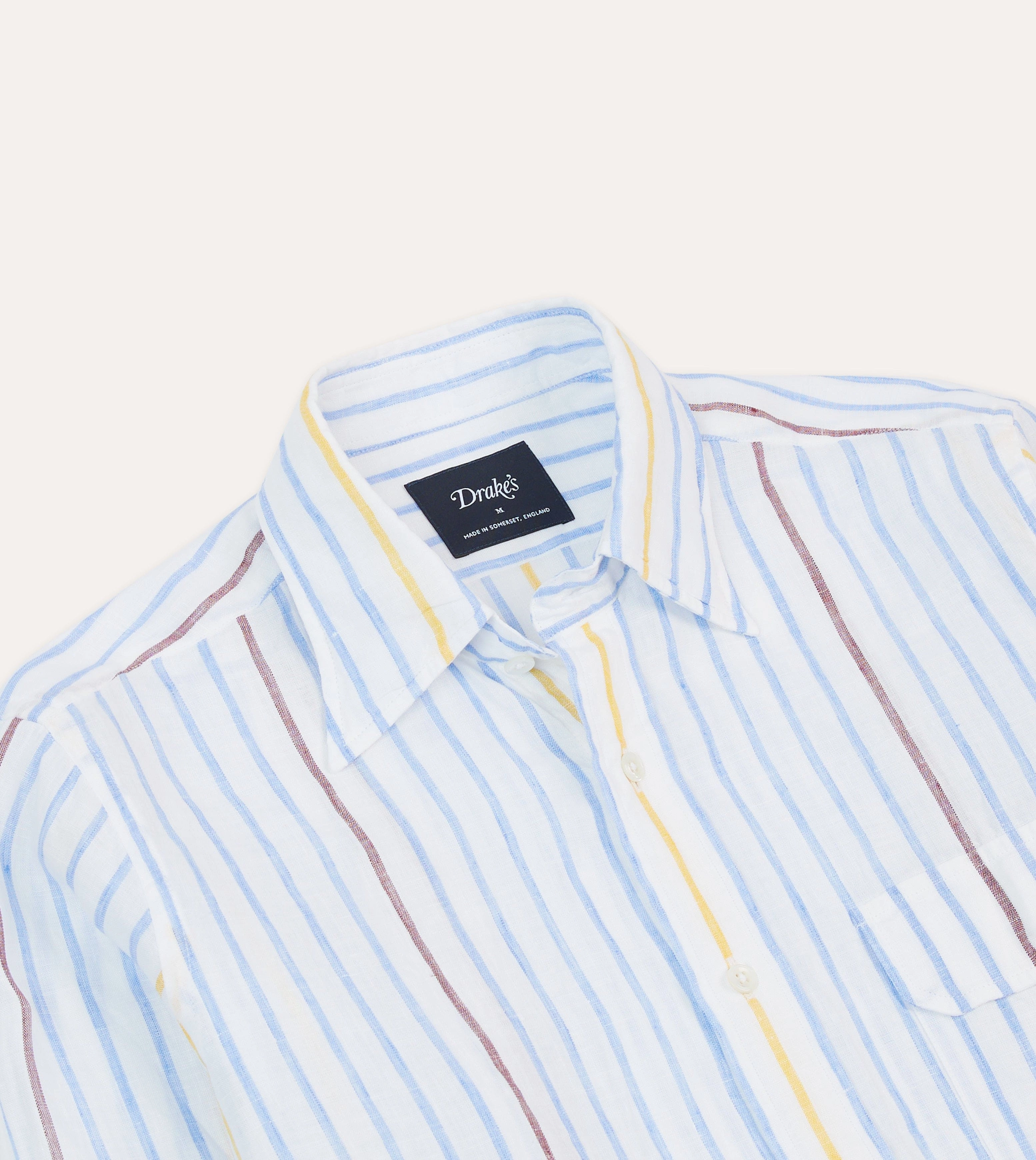 Blue, White and Yellow Stripe Linen Long Point Collar Shirt Effortless Comfort Flexible Shoulder Construction