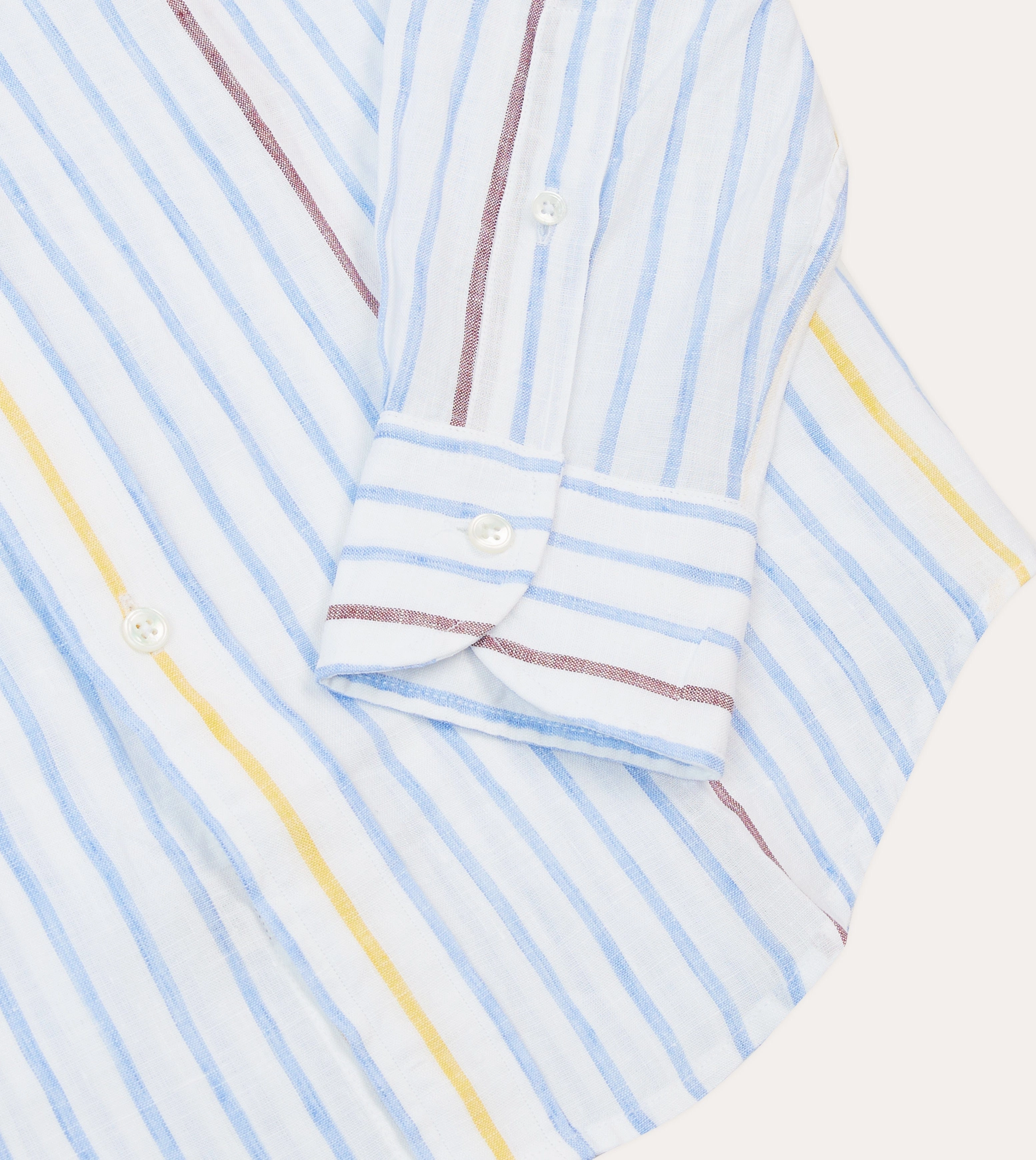 Blue, White and Yellow Stripe Linen Long Point Collar Shirt Reinforced Shoulders