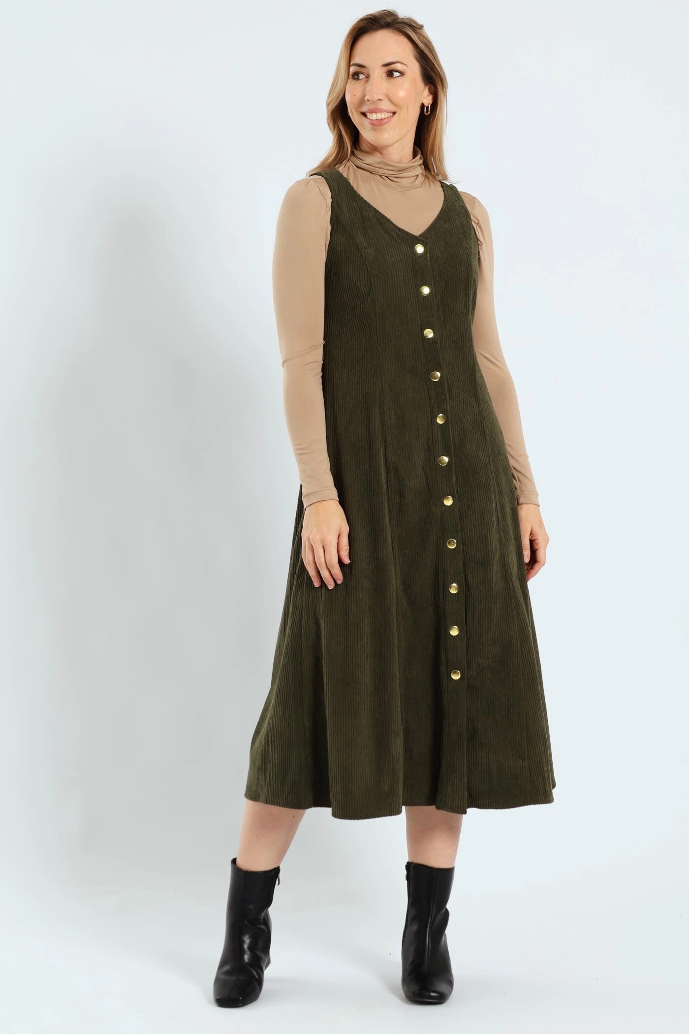 V-Neck Button Through Panelled Fit & Flare Corduroy Midi Dress - Dark Fatigue Tailored Layers