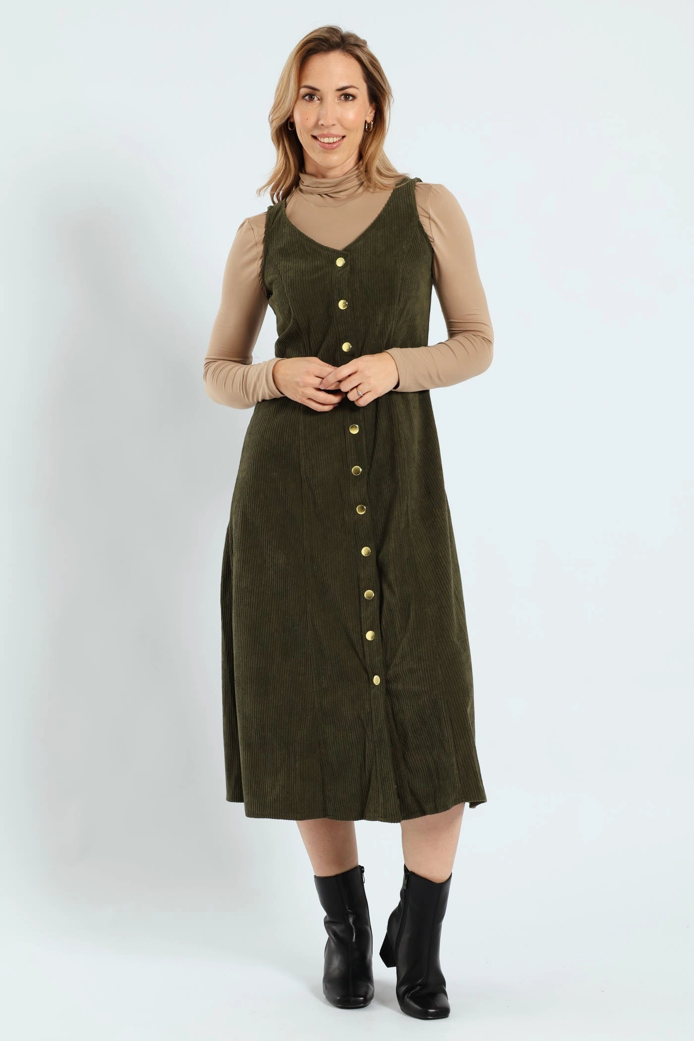 V-Neck Button Through Panelled Fit & Flare Corduroy Midi Dress - Dark Fatigue Form Focus Relax Piece