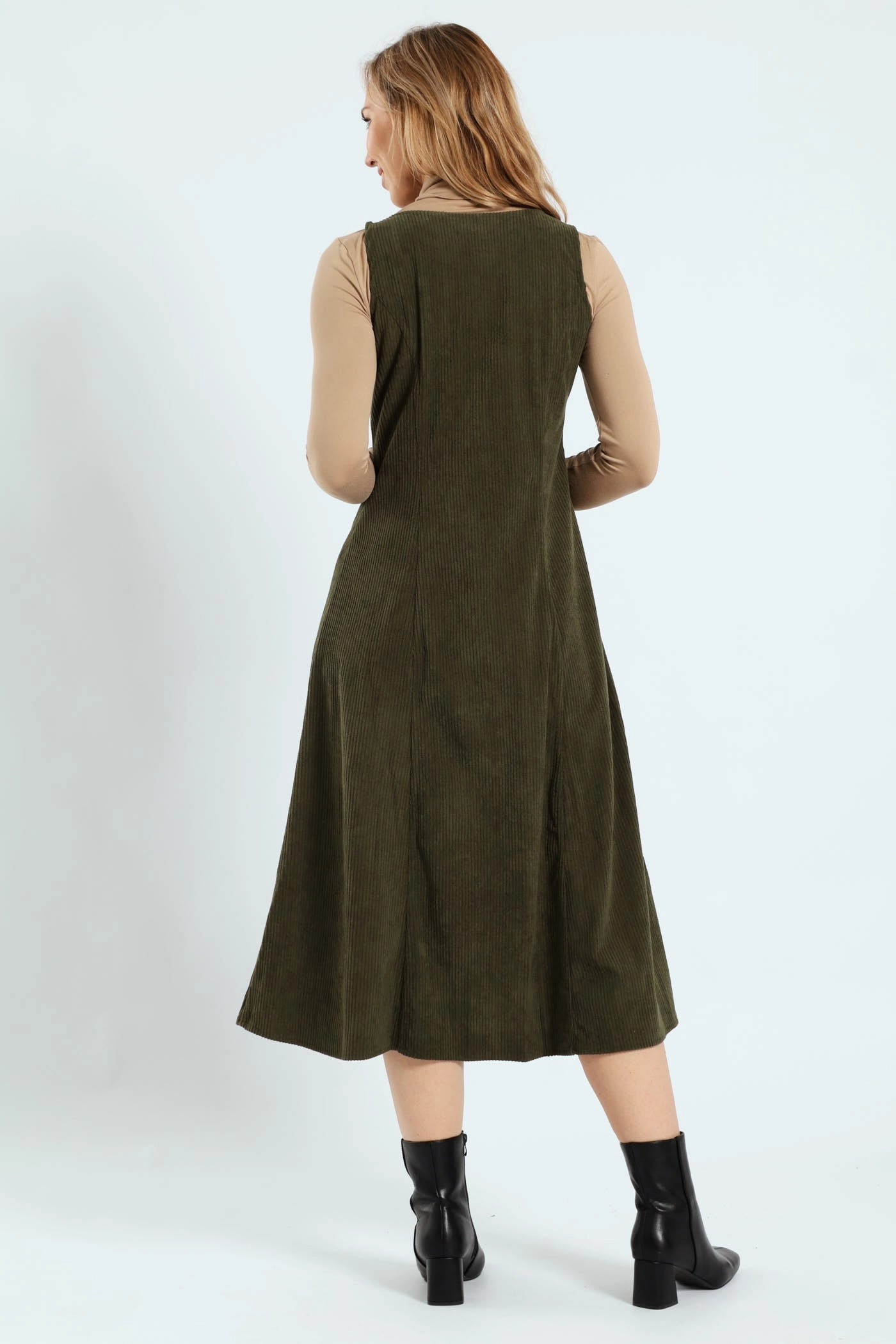 V-Neck Button Through Panelled Fit & Flare Corduroy Midi Dress - Dark Fatigue Pose Glow Inclusive Fit