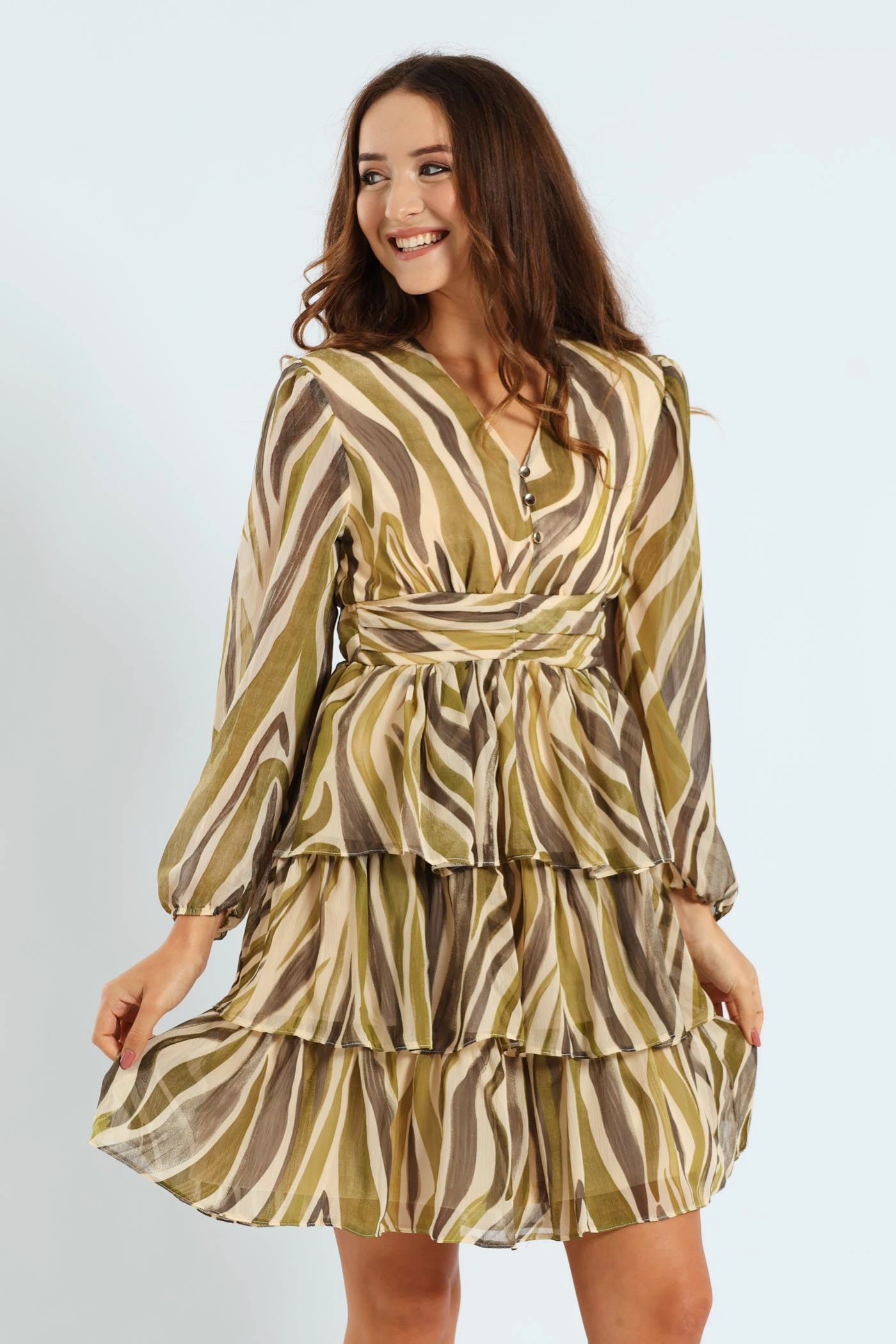 Visual Balance V-Neck Elasticated Waist Tiered Tea Dress - Green