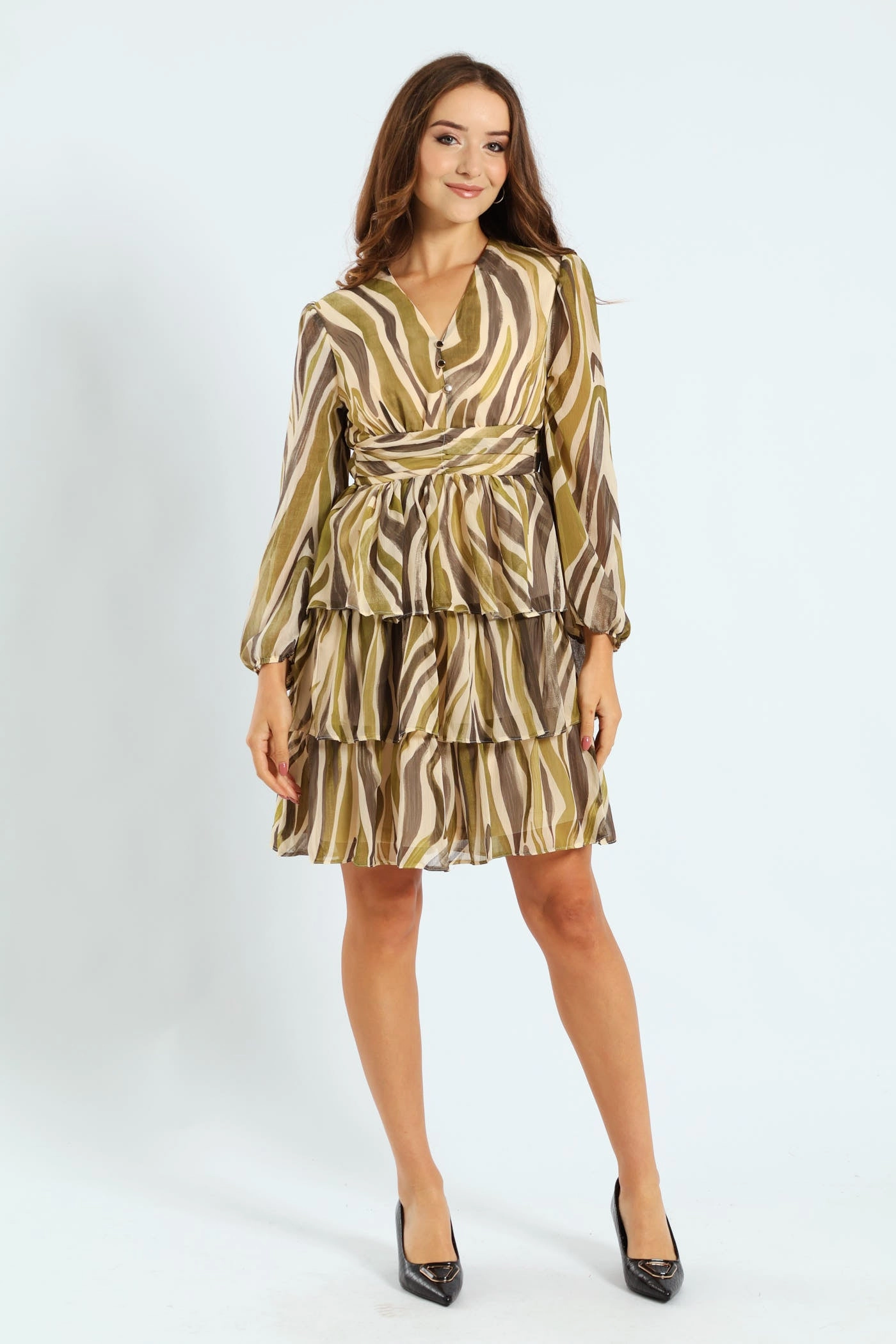 V-Neck Elasticated Waist Tiered Tea Dress - Green Weekend Fresh