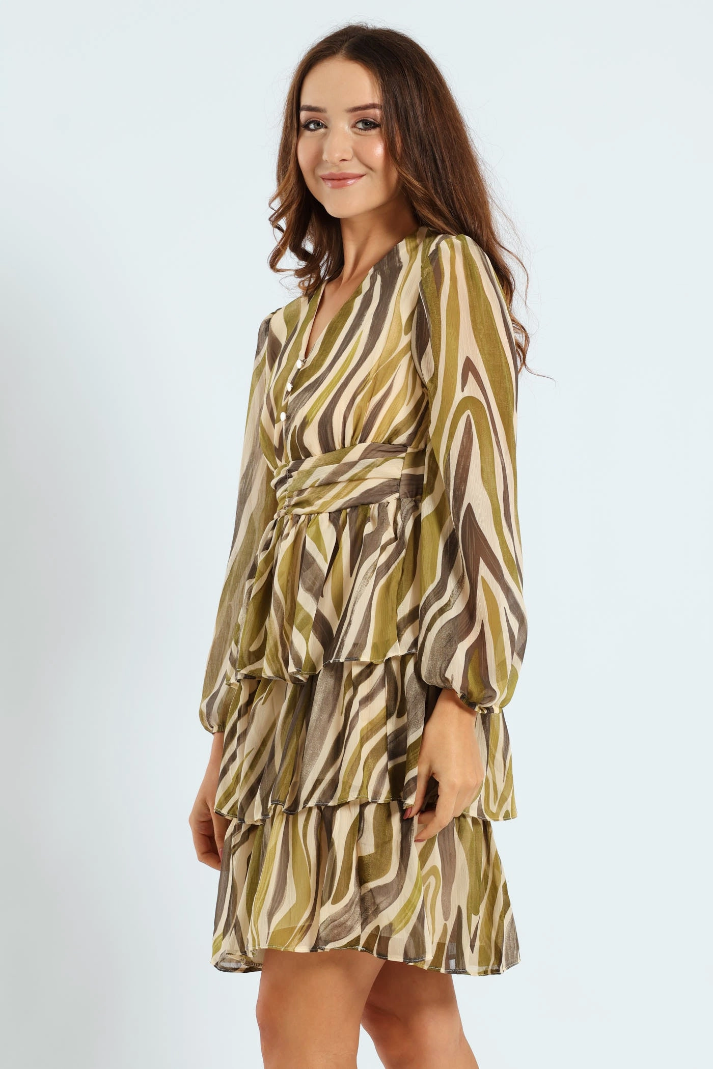 V-Neck Elasticated Waist Tiered Tea Dress - Green Sophisticated cocktail dress