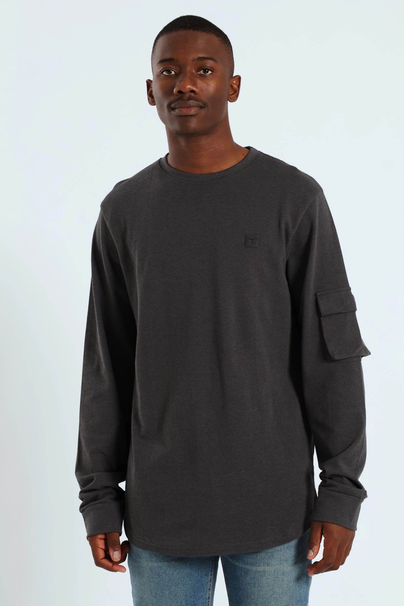 Light Design Utility Curved Hem Long Sleeve Tee - Charcoal