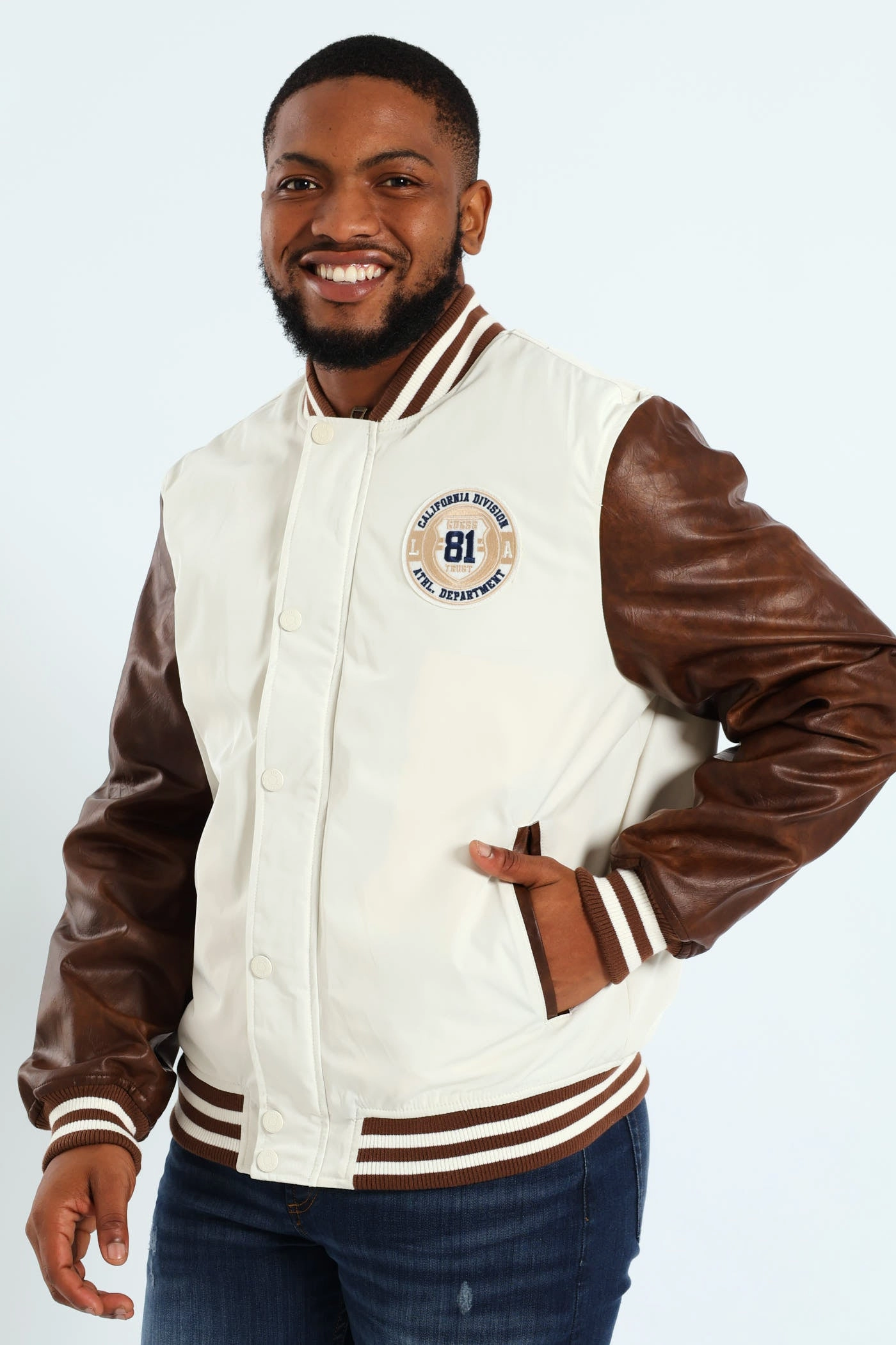 Varsity Bomber Jacket - Vanilla Comfort Fit Design Convertible Silhouette
