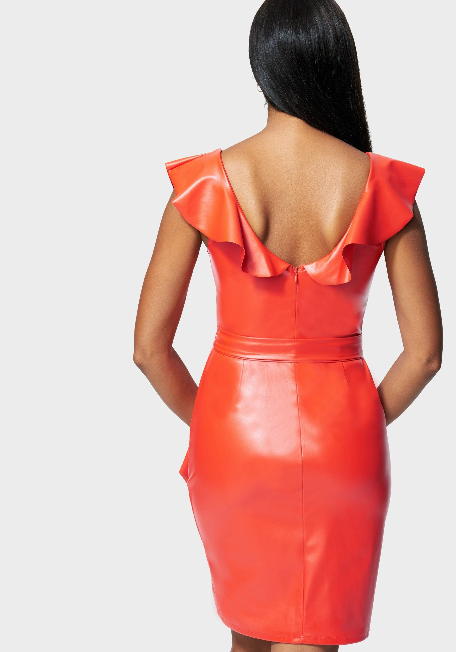 Perfect Comfort Wear Vegan Leather Ruffle Wrap Dress