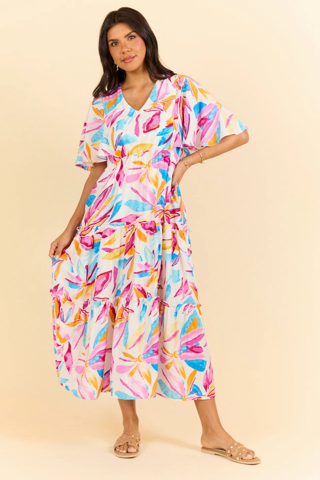 Flattering Shape Look Soft Glide In The Wildflowers Multi Color Short Sleeve V-neck Maxi Dress FINAL SALE