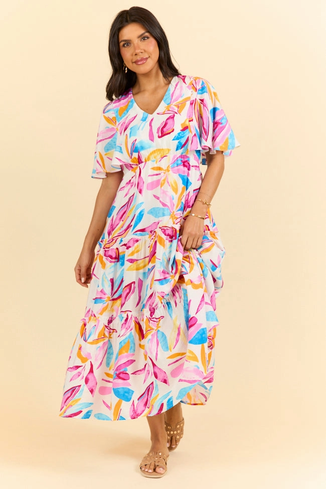 In The Wildflowers Multi Color Short Sleeve V-neck Maxi Dress FINAL SALE All Fit Style