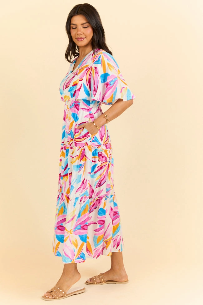 breathable fabric dress In The Wildflowers Multi Color Short Sleeve V-neck Maxi Dress FINAL SALE