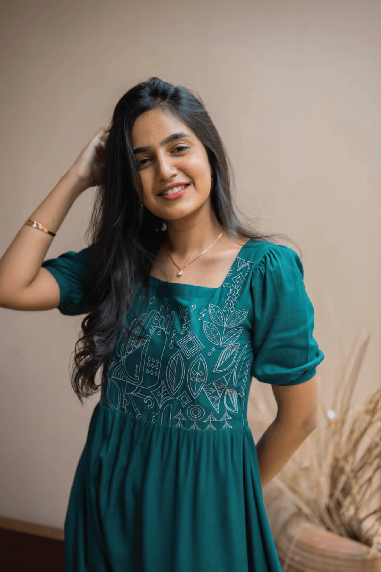 Deep Teal Falcon Trail Viscose Embroidery Dress London Cool Fashion-Forward Fit