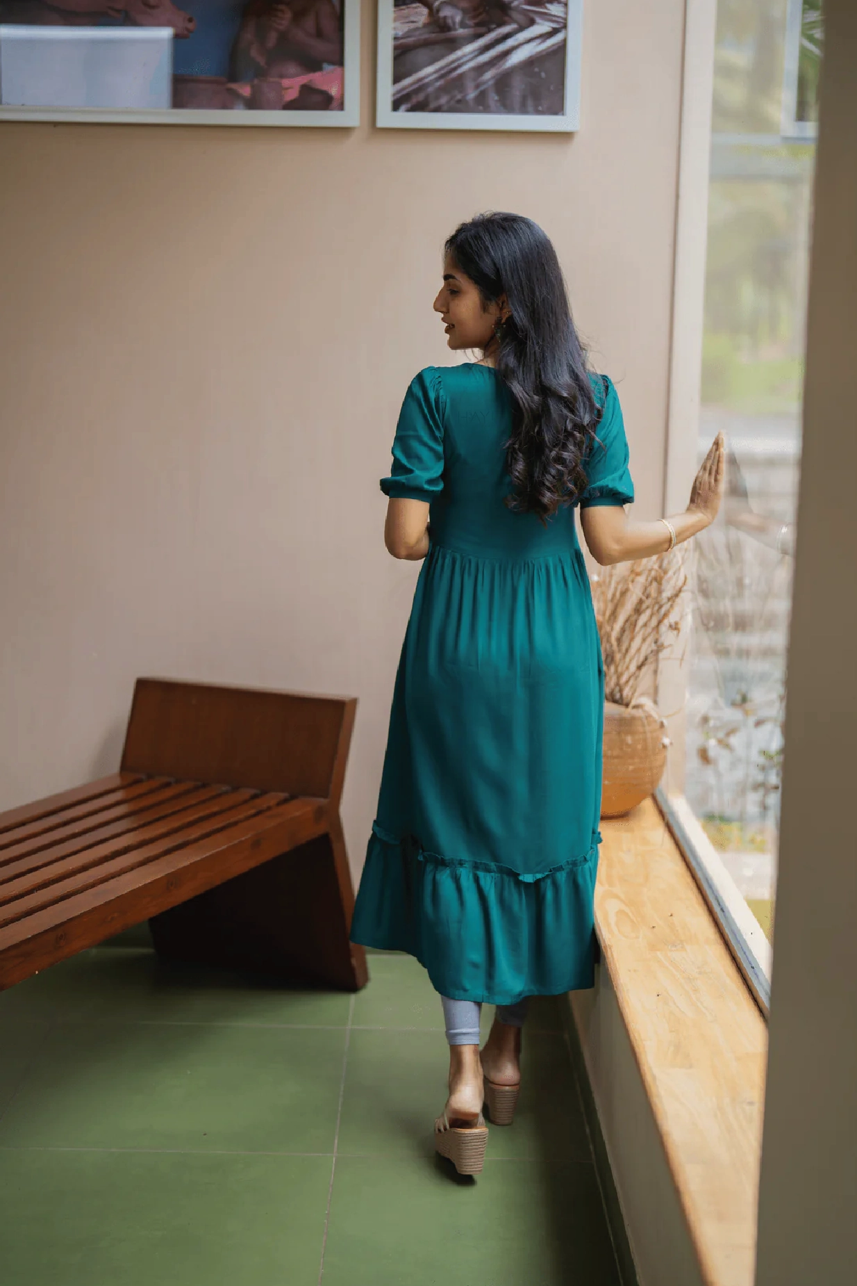 Deep Teal Falcon Trail Viscose Embroidery Dress Subtle Charm Relaxed and Elegant