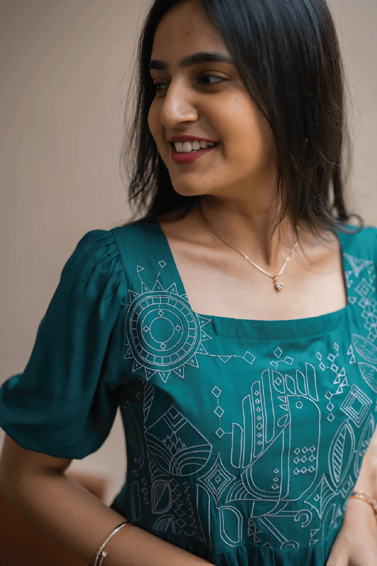 Deep Teal Falcon Trail Viscose Embroidery Dress Comfortable fit for outings Feminine empire waist dress