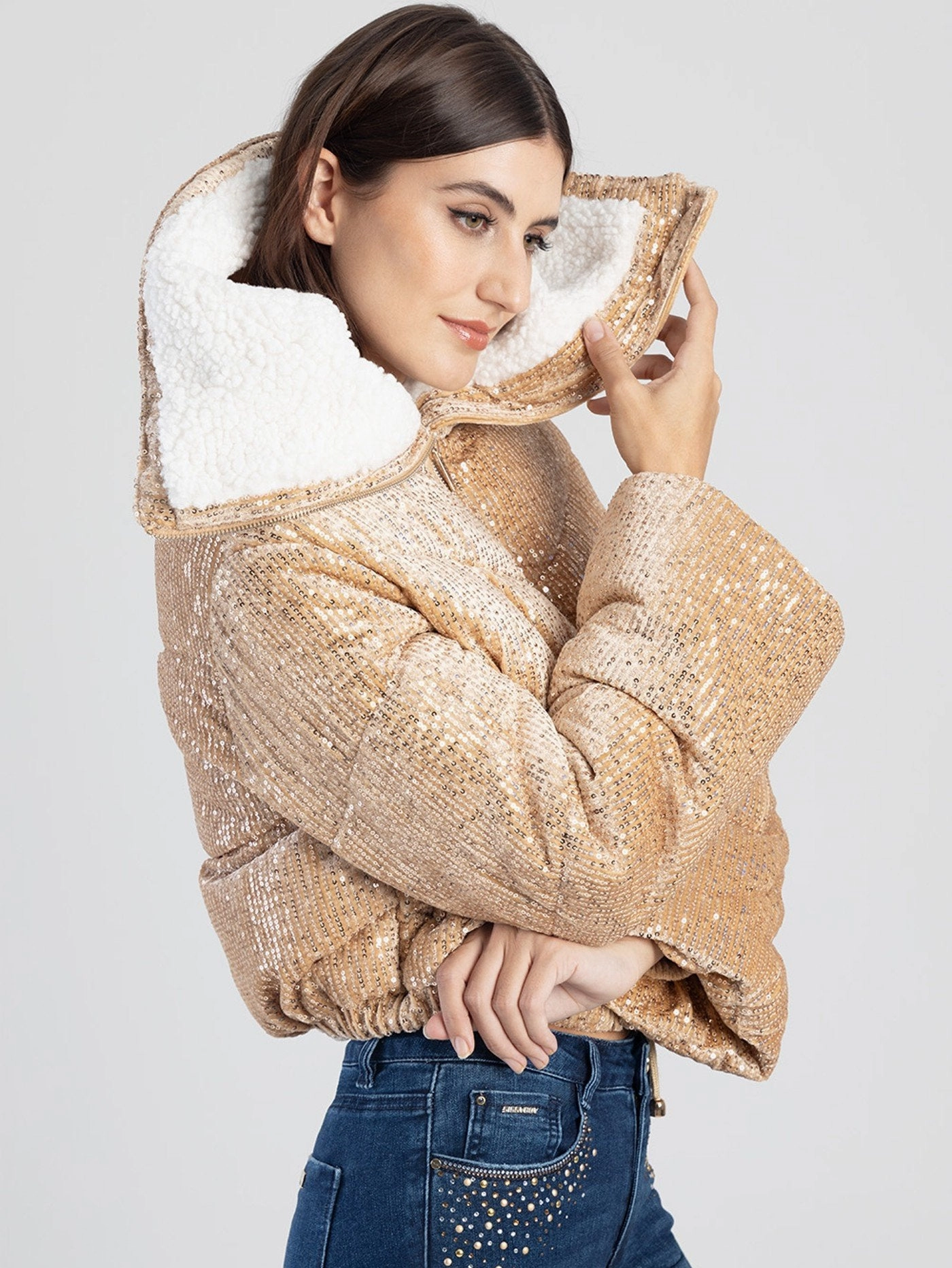 Sequin Sherpa Puffer Jacket - Gold Weekend Style