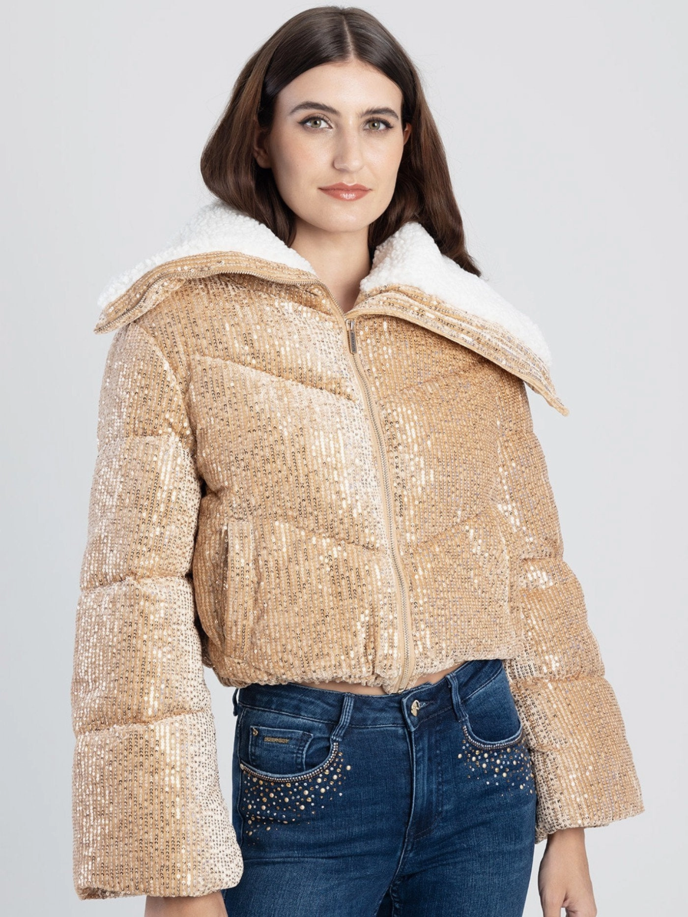Sequin Sherpa Puffer Jacket - Gold DoubleLayeredCuffs