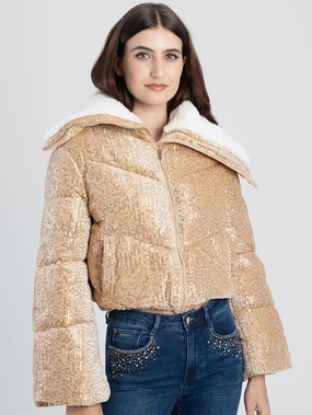 Sequin Sherpa Puffer Jacket - Gold Windproof Material Multi Pocket Design