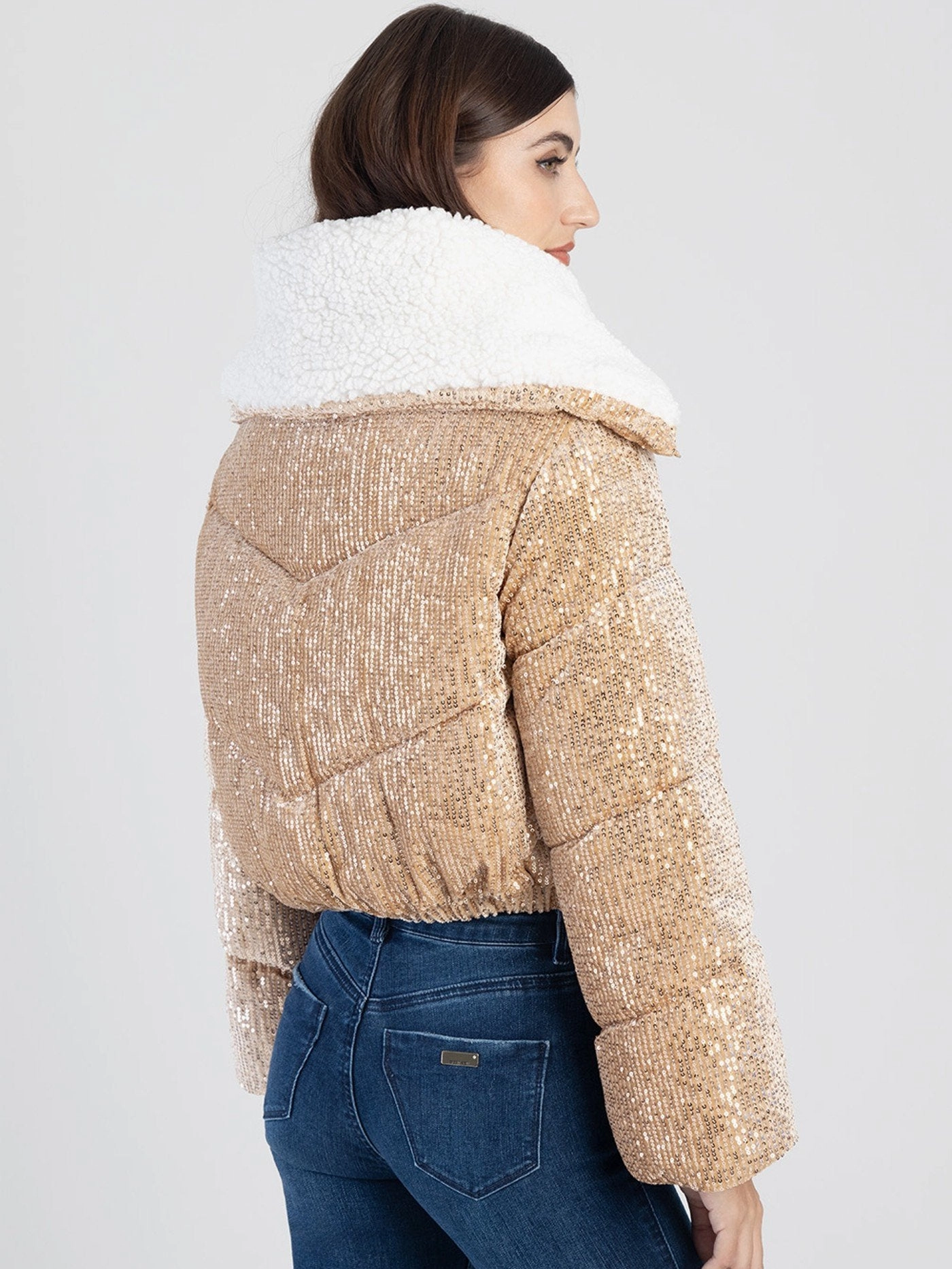 Sequin Sherpa Puffer Jacket - Gold Heat Keep Seamless Street Fit