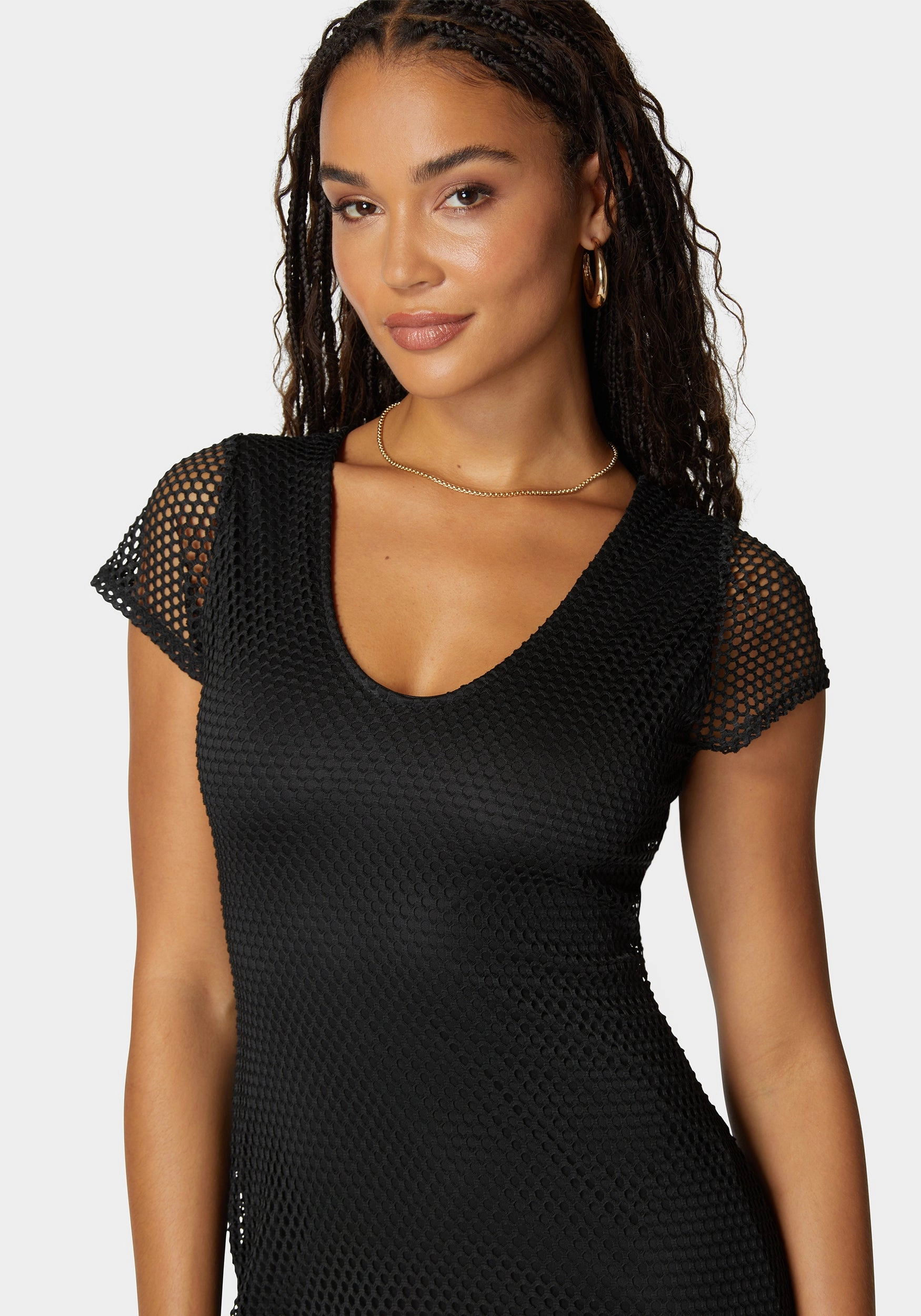 Satin-Finish Brunch Outfit Cap Sleve Fishnet Dress