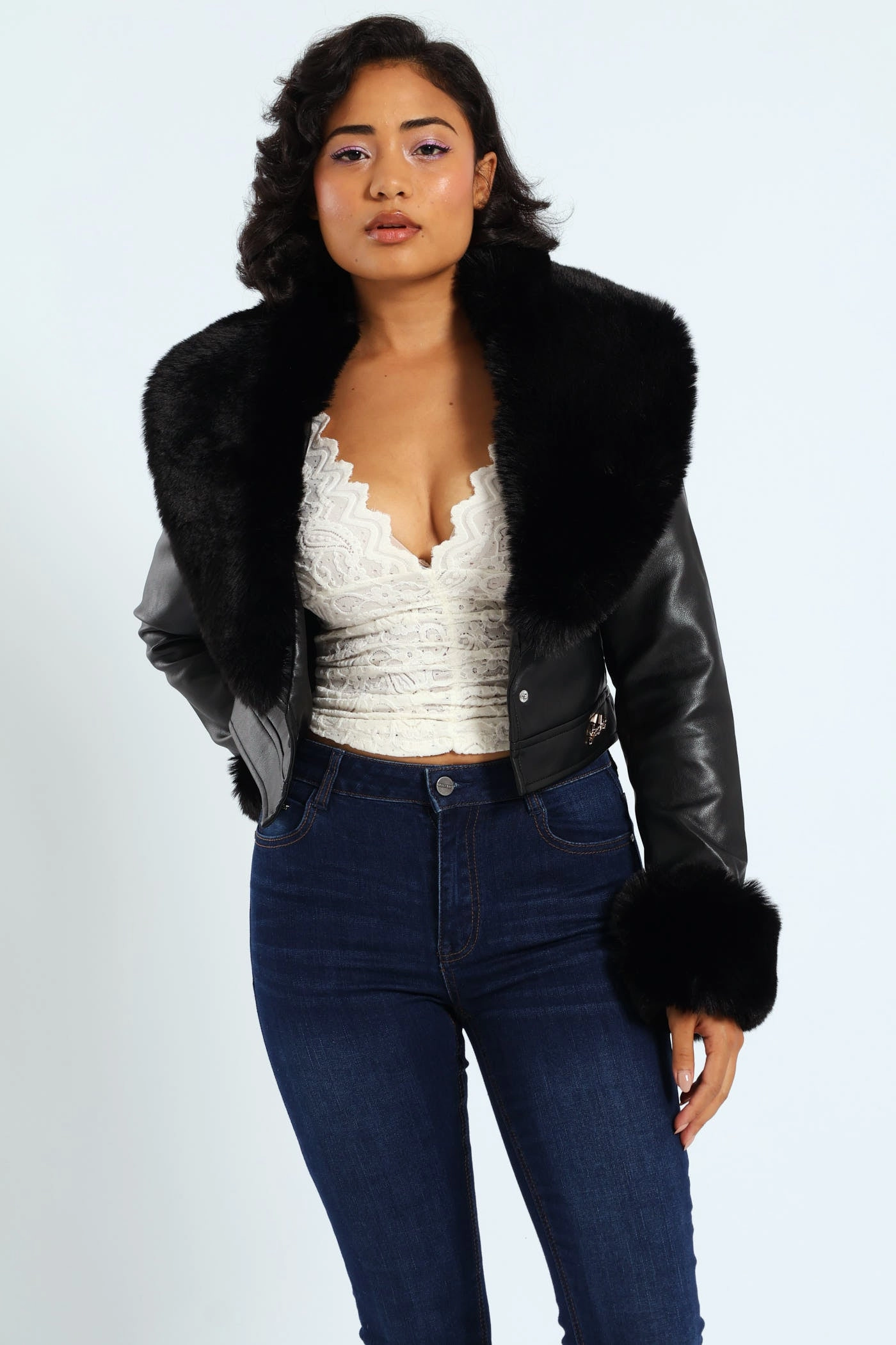 Vikki Faux Leather With Faux Fur Collar Jacket - Black DoubleLayeredEdges LightPadding