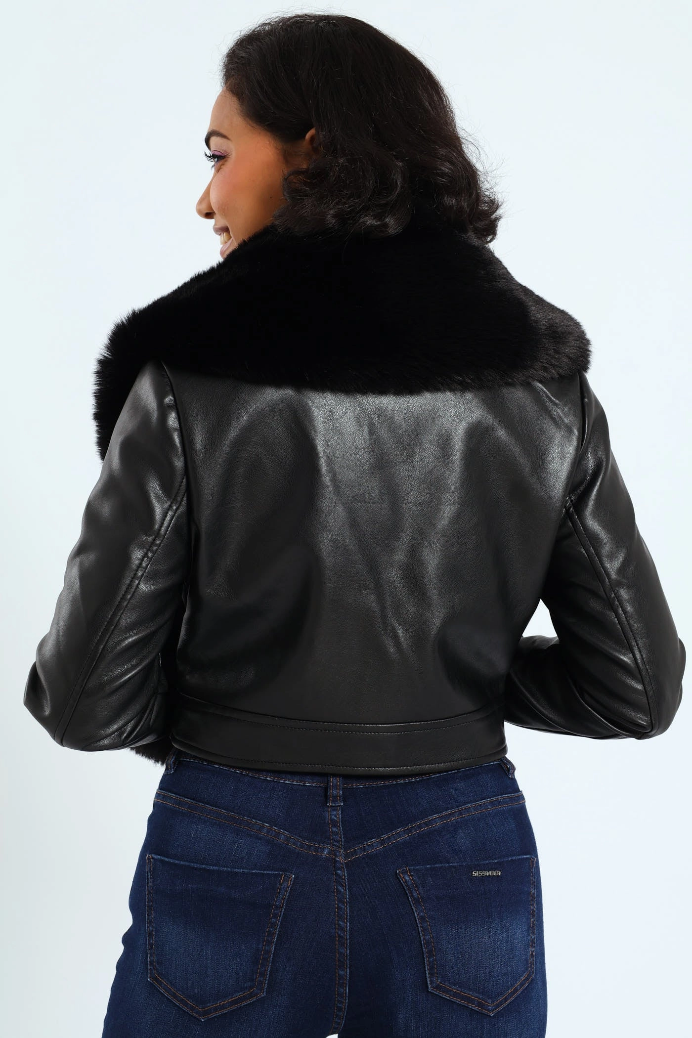 Odor Resistant Lining Vikki Faux Leather With Faux Fur Collar Jacket - Black