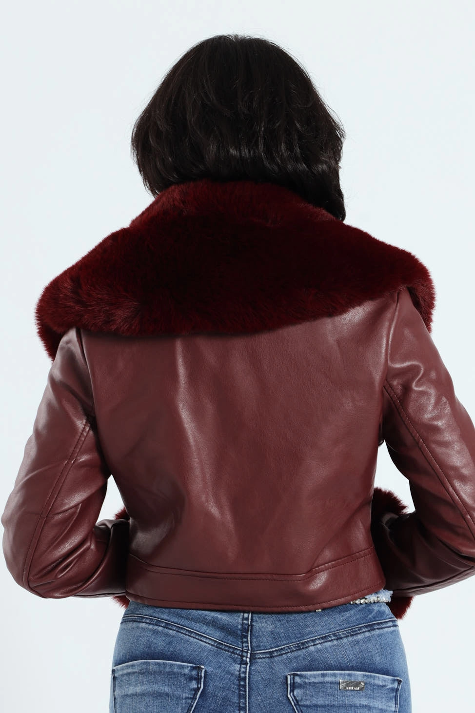 Travel Wardrobe Vikki Faux Leather With Faux Fur Collar Jacket - Burgundy