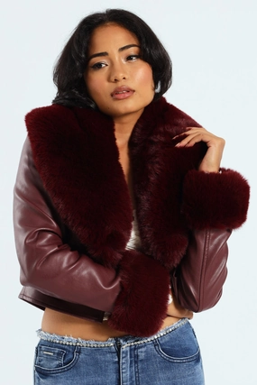 Subtle Color Tone Reversible Layer Vikki Faux Leather With Faux Fur Collar Jacket - Burgundy