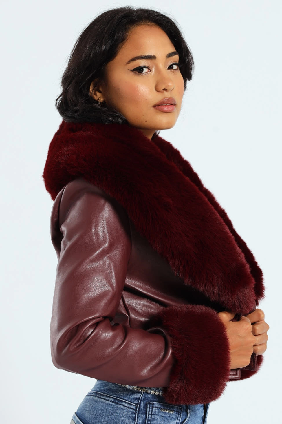 Versatile Design Vikki Faux Leather With Faux Fur Collar Jacket - Burgundy