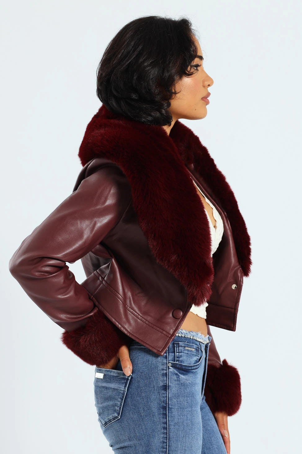 Hooded Comfort Fit Vikki Faux Leather With Faux Fur Collar Jacket - Burgundy