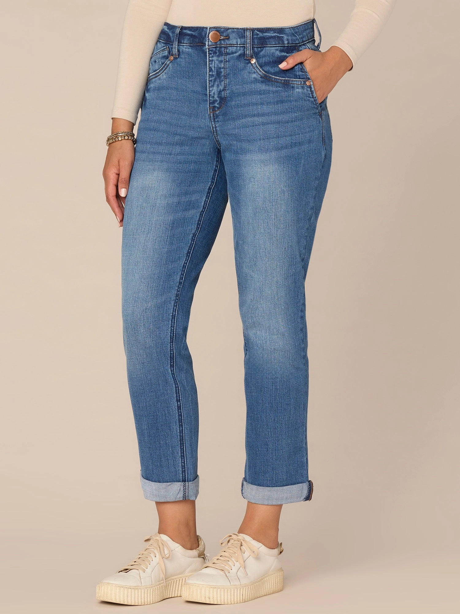 "Ab"solution Mid-Rise Side Entry Pocket Girlfriend Petite Jeans Non Stretch Denim