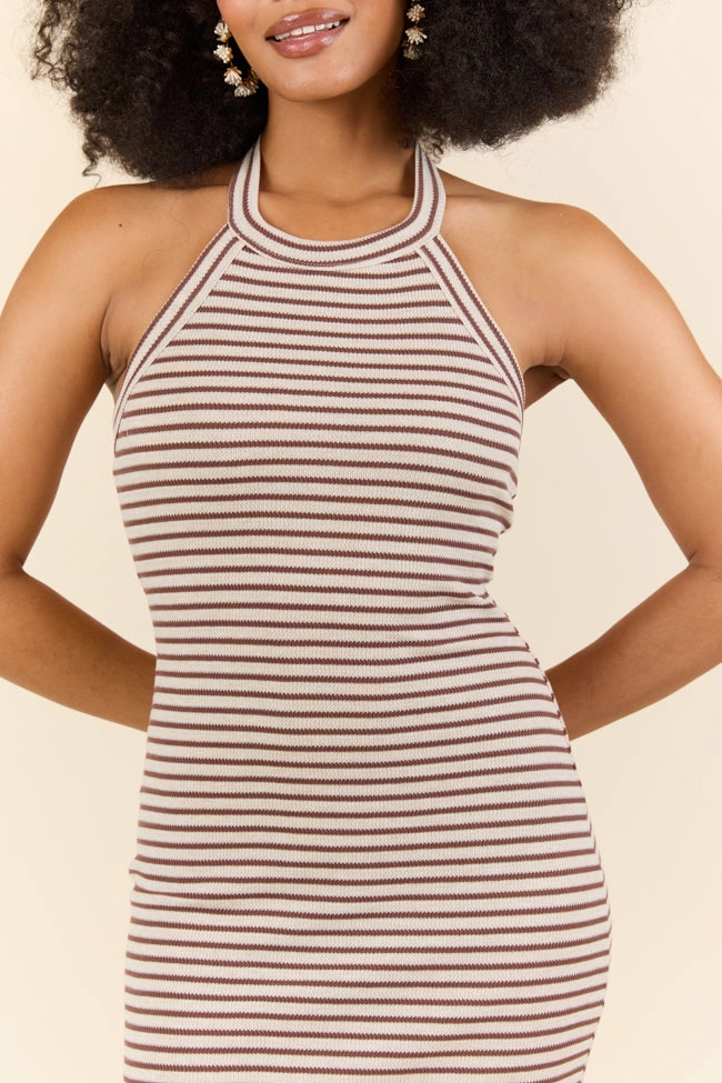 Smart Fit Classic-style Walk By The Water Brown Striped Knit Razor Back Dress SALE