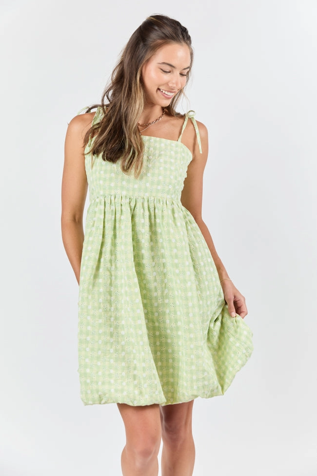 Calm Silhouette Tie-dye Wandering Hearts Green Eyelet Gingham Dress FINAL SALE