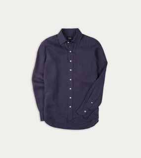 Washed Navy Linen Spread Collar Shirt High Neck Quick Dry Construction