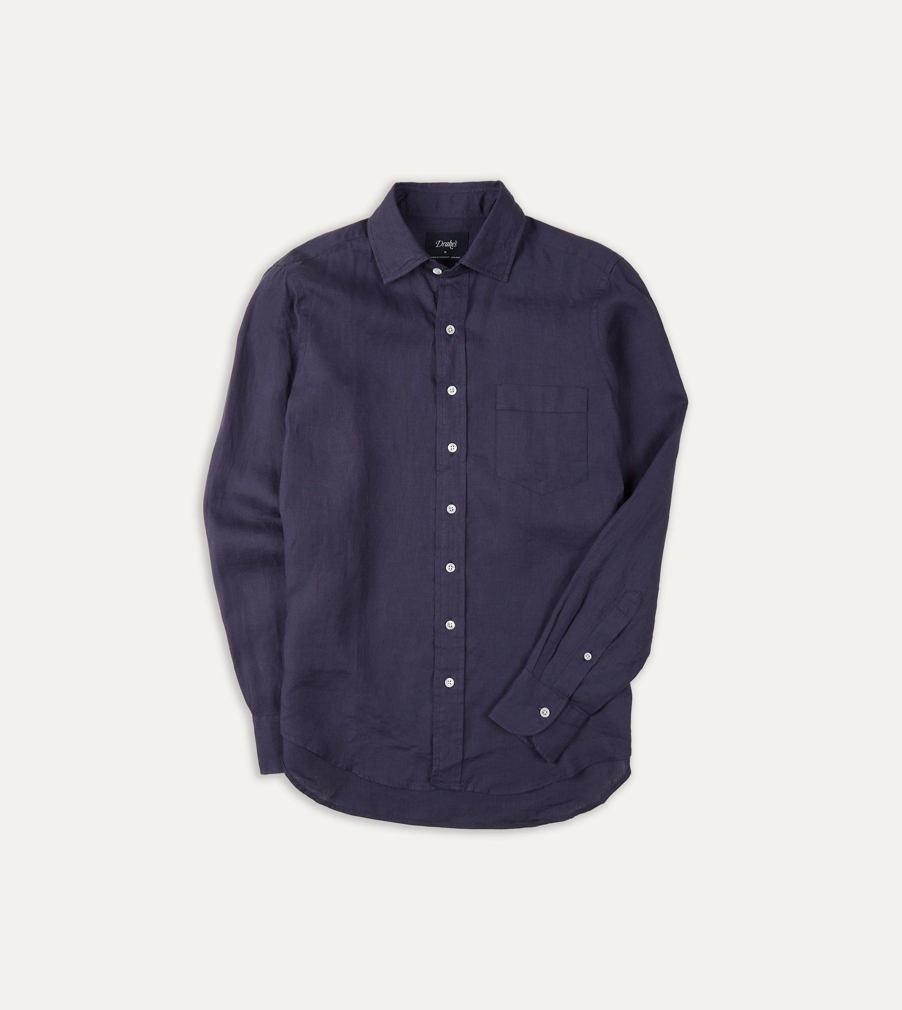 Washed Navy Linen Spread Collar Shirt High Neck Quick Dry Construction