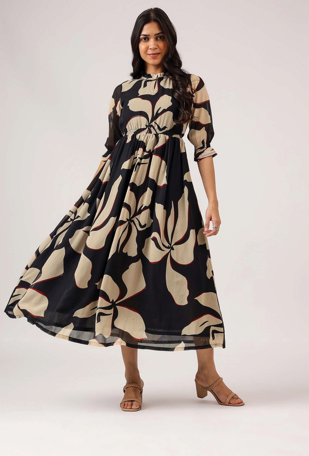 Charming Comfort Perfect Layer Spear Black with Charcoal Ink printed Lux Georgette dress