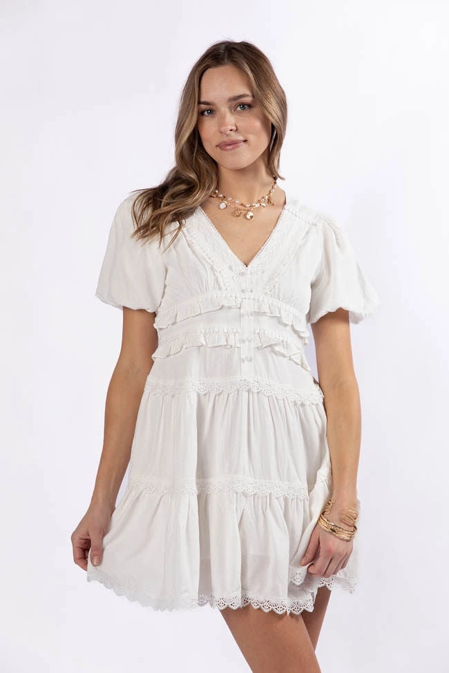 Elegant brunch outfit Light and Comfortable Enjoying Life White Ruffle Trim Mini Dress FINAL SALE