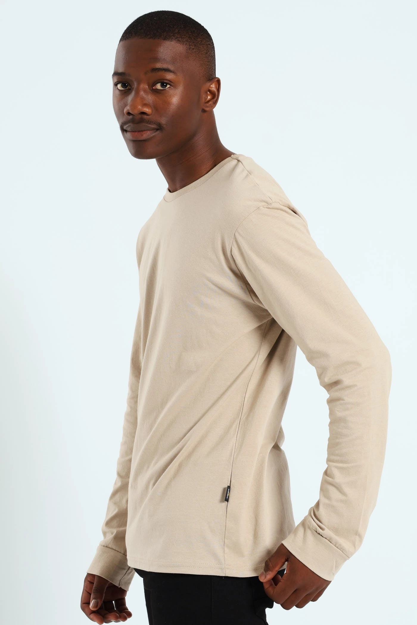 Long Sleeve Basic Crew Cuff Tee - Stone Microfiber Blend