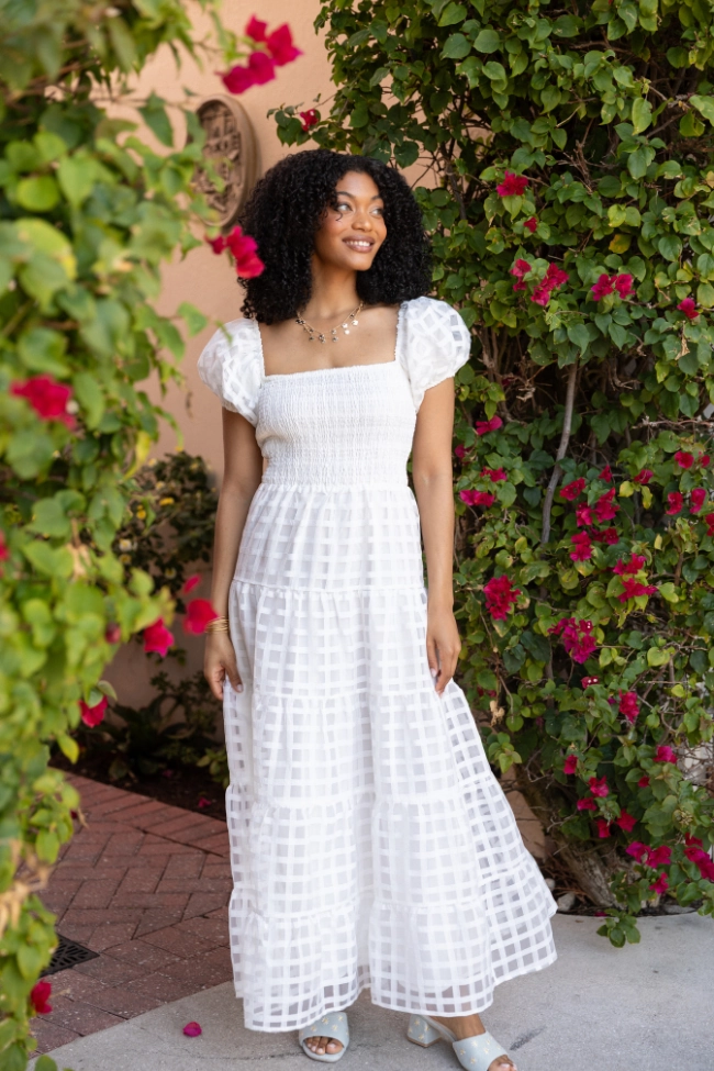 Curve Friendly What A Feeling White Windowpane Maxi Dress FINAL SALE