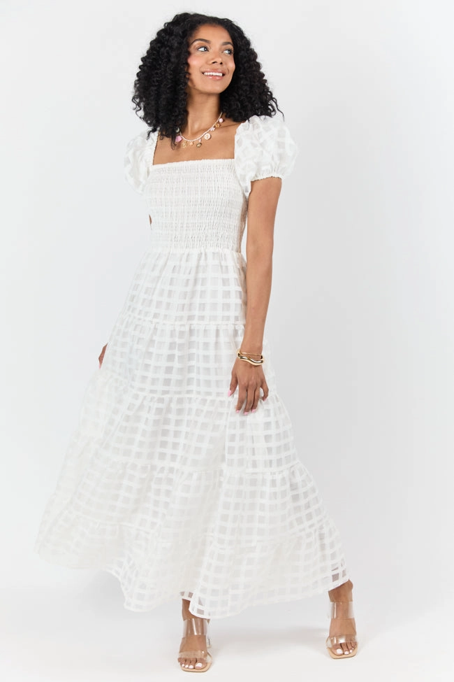 Saturated Hue Versatile dress for layering What A Feeling White Windowpane Maxi Dress FINAL SALE