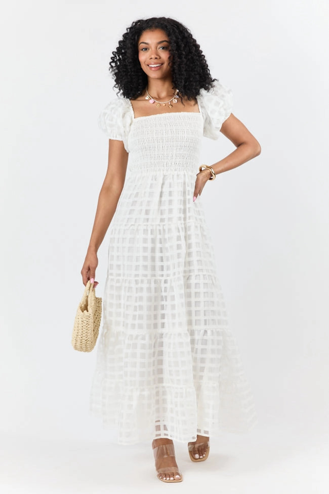 Easy Wrap Sculpted Fit What A Feeling White Windowpane Maxi Dress FINAL SALE