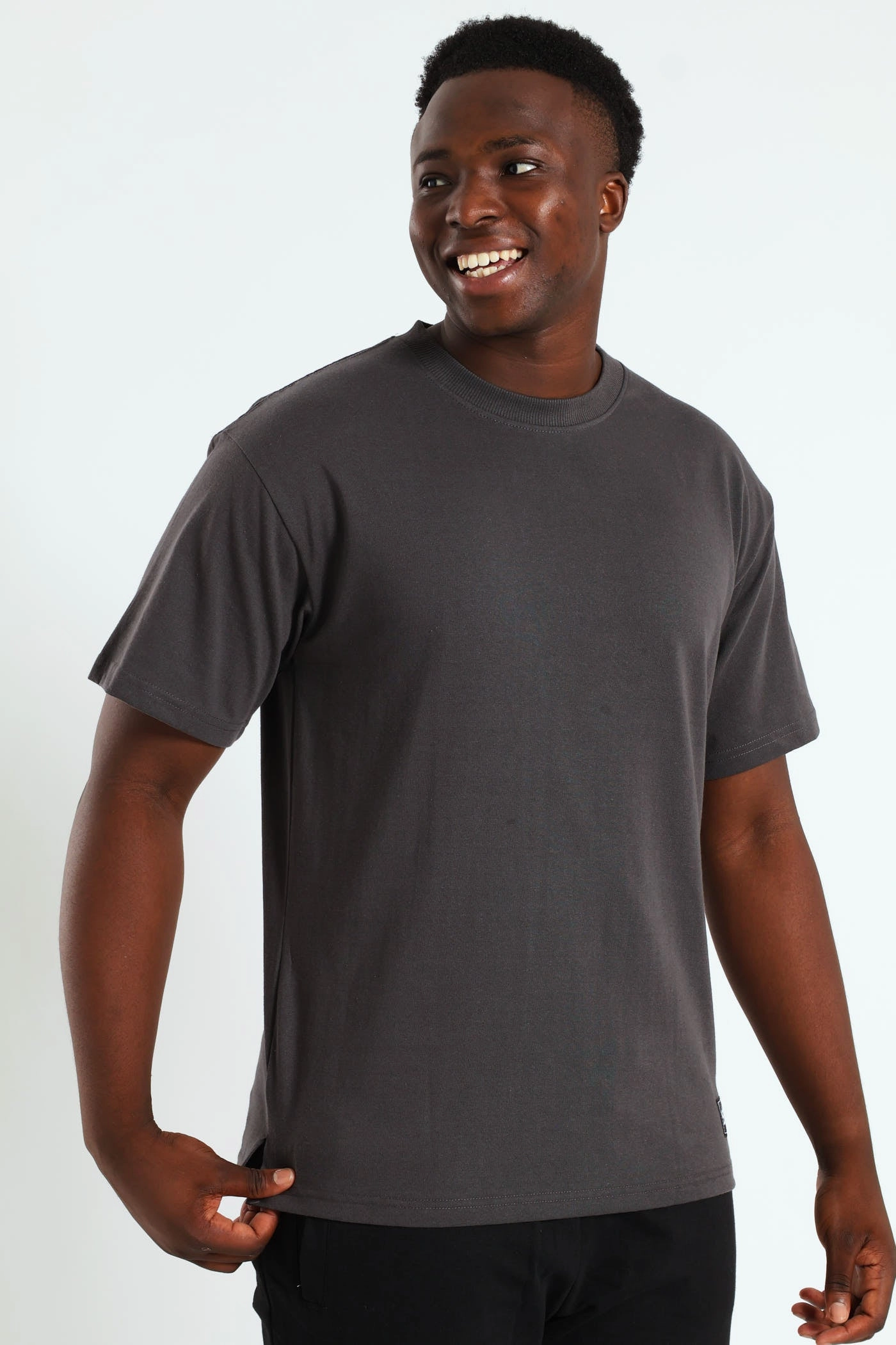 Layered Hem Design Comfortable Layering Logo Oversized Label Tee - Charcoal