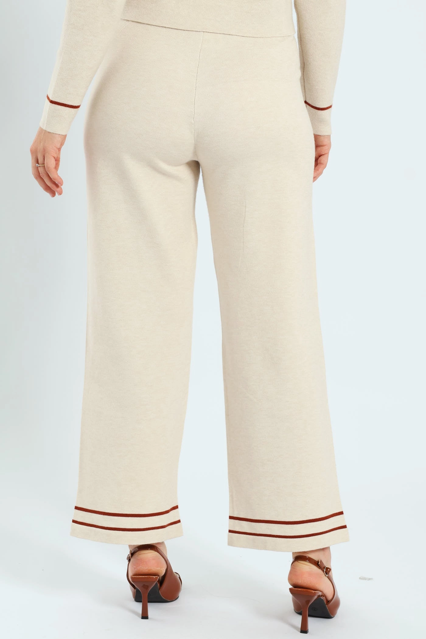 Wide Leg Knitwear Pants - Cream Casual Design Training Comfort