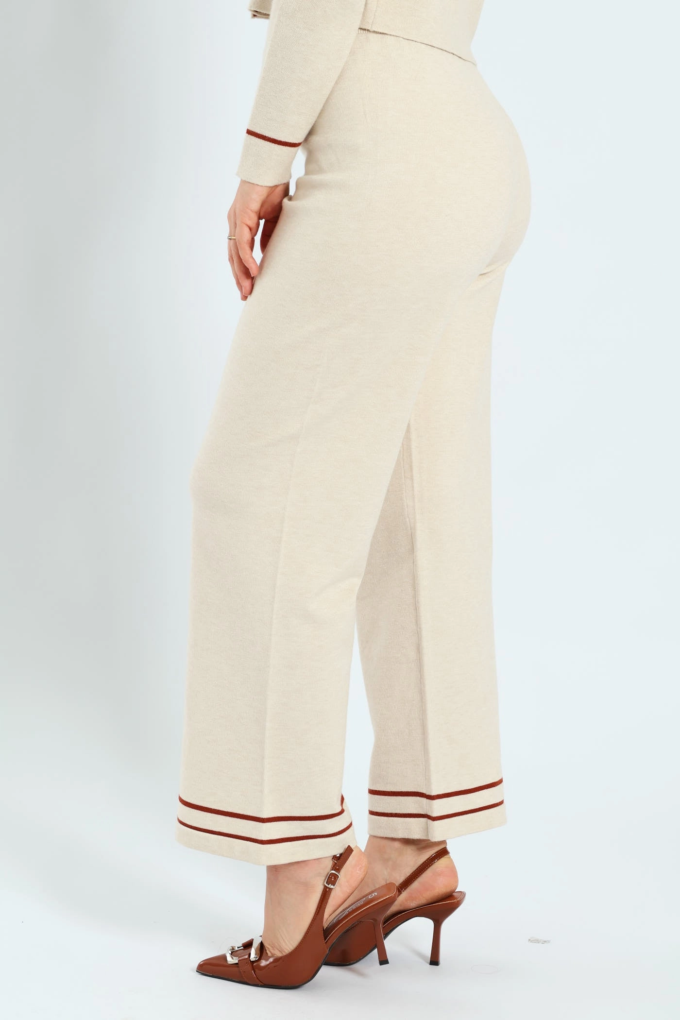 Stretch Movement Wide Leg Knitwear Pants - Cream