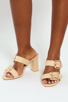 Raffia Block Heel Sandal With Bamboo Buckle Detail - Natural Classic Appeal