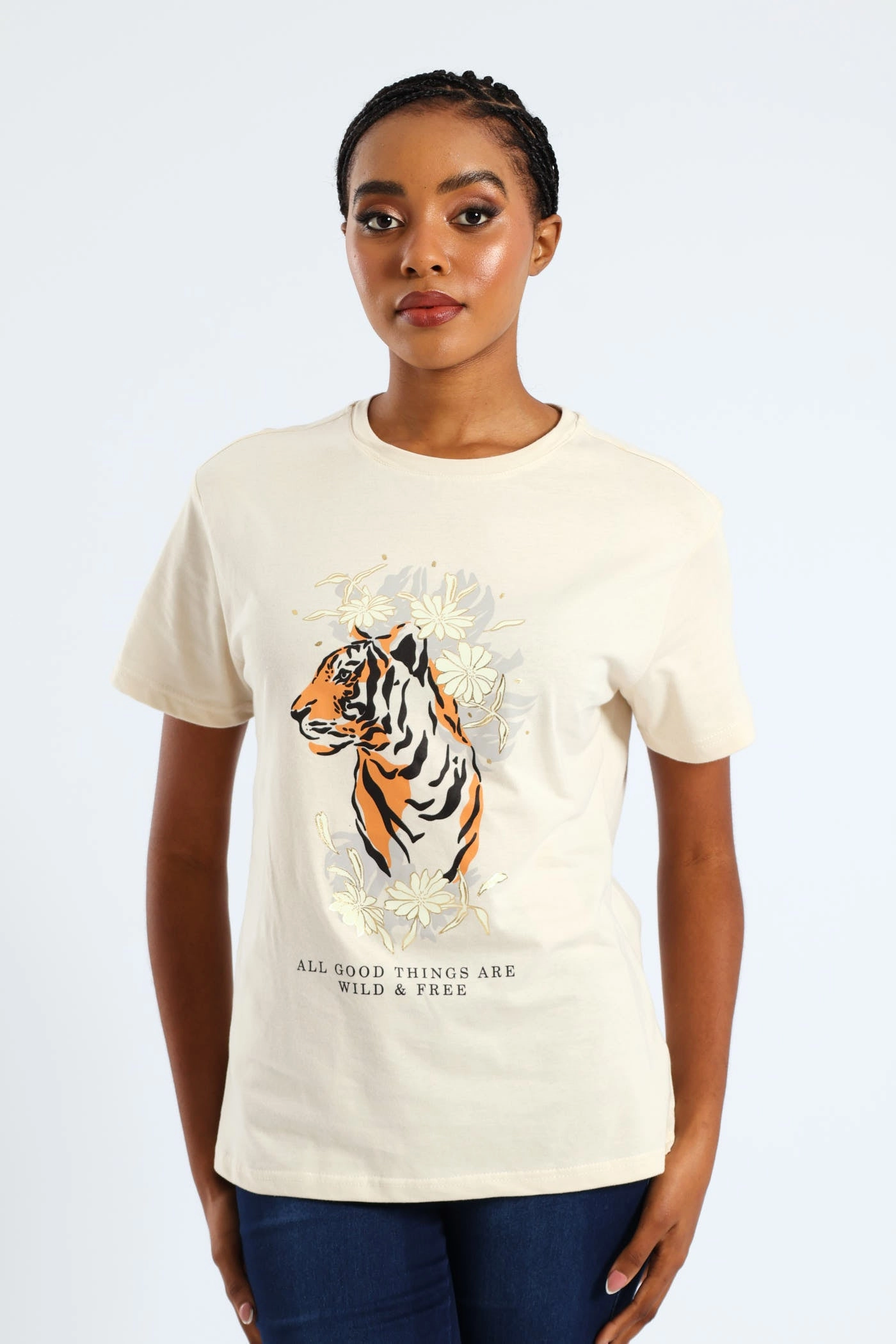 Soft Touch Feel Wild & Free Floral Tiger Foil Tee - Light Stone