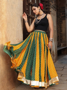 Women's Dual Coloured Bandhani Printed Long Skirt Vegan Material